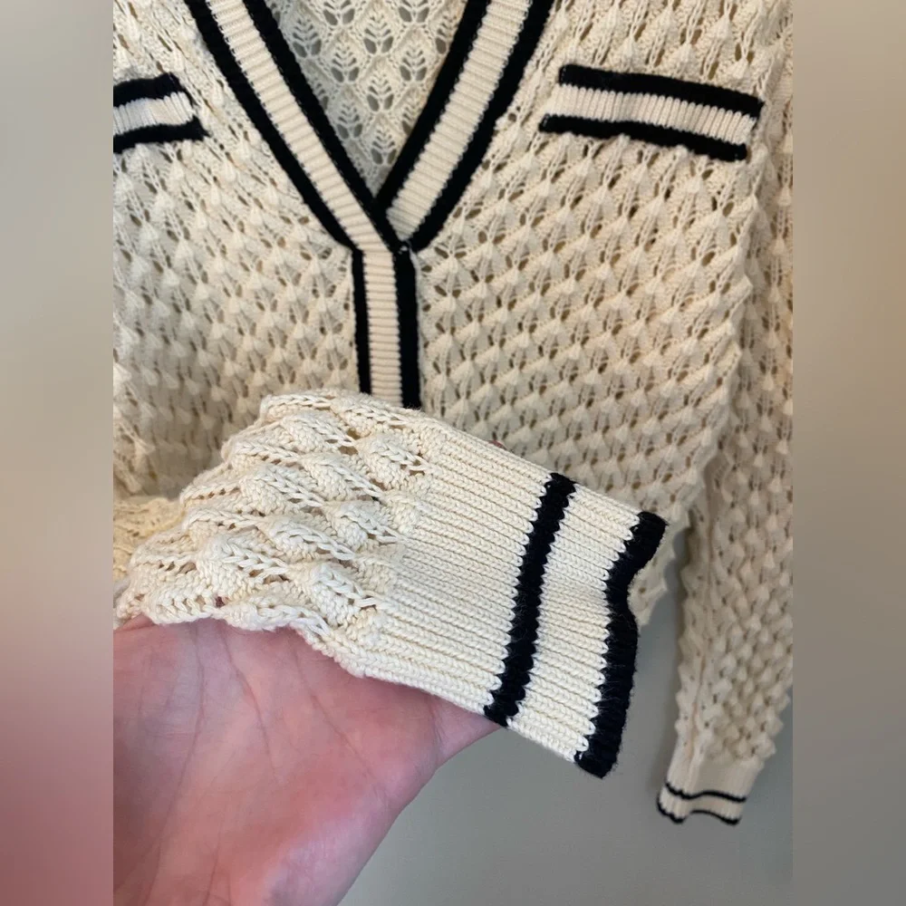Heartloom Sybil Sweater Crochet Knit V Neck Ivory Size Small Preppy Cottagecore - Picture 9 of 16